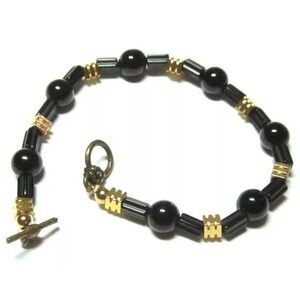Lovely Classic Round Long Black Glass Gold Square Beads Toggle Bracelet